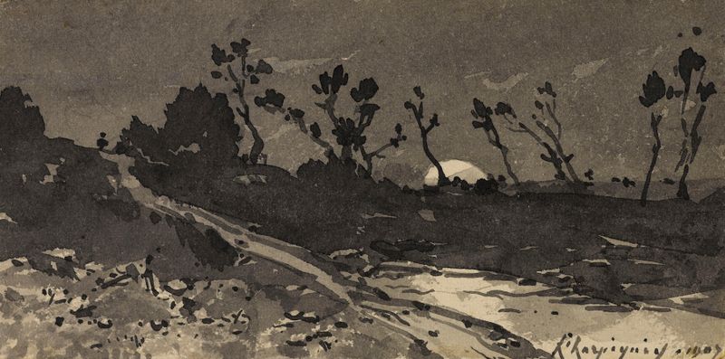 óleo de Henri-Joseph Harpignies que representa un paisaje tranquilo con follaje exuberante