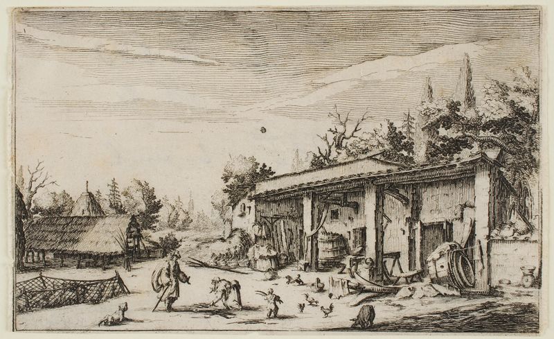 La Pequeña Granja de Jacques Callot, óleo barroco de una casa de campo tranquila en la naturaleza.