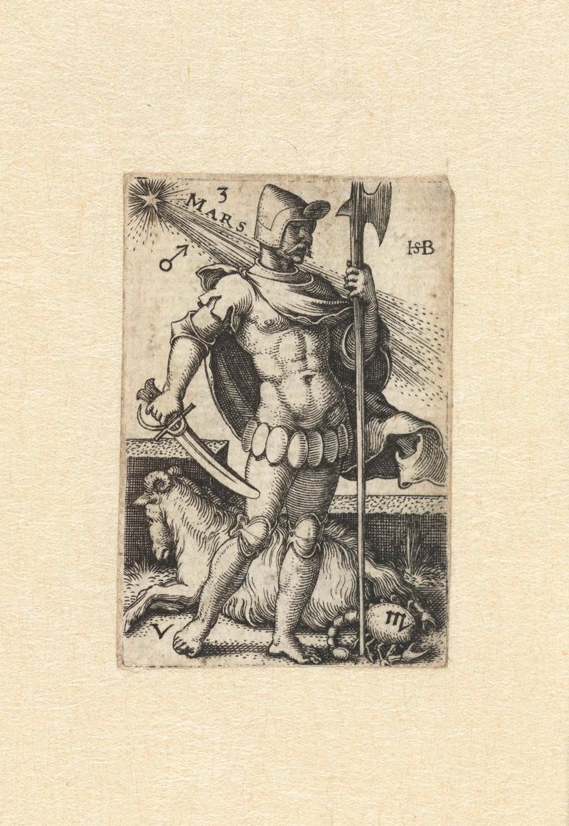Engraving by Hans Sebald Beham depicting Mars with a sword among stars.