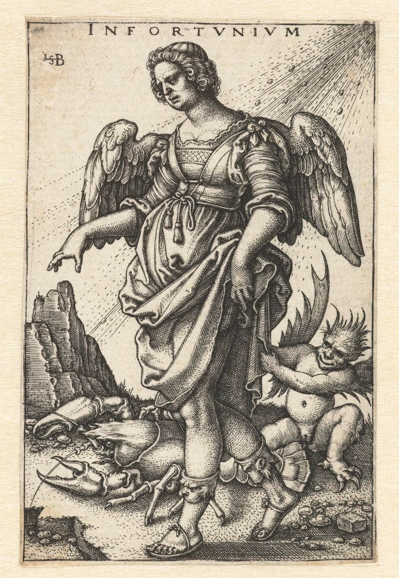 Ongeluk (Infortunio) gravura de Hans Sebald Beham mostrando figuras em luz suave.
