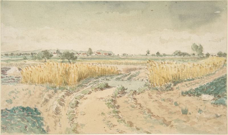 Wheatfields de Théodore Rousseau, óleo sobre lienzo que representa trigo dorado meciéndose a la luz del sol.