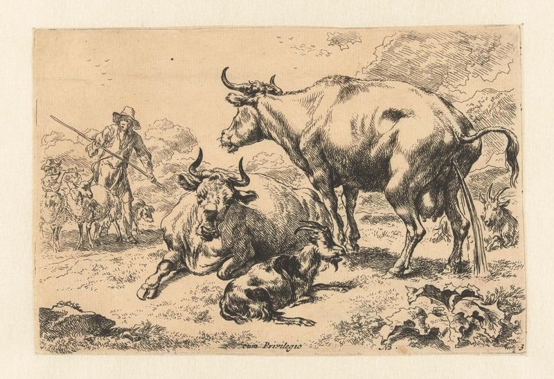 Gravura de Nicolaes Pietersz Berchem mostrando uma vaca deitada na grama