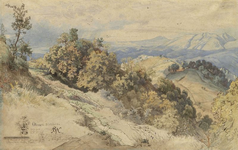 Sol y lluvia en el Serpentara cerca de Olevano de Carl Wilhelm Müller, óleo que muestra un paisaje con lluvia y atardecer.