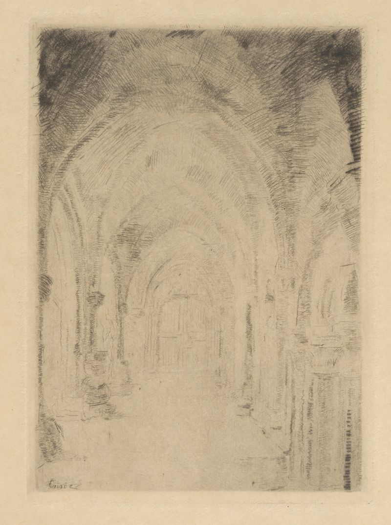 Pintura figurativa De crypte de James Ensor, apresentando um esqueleto segurando um pergaminho.