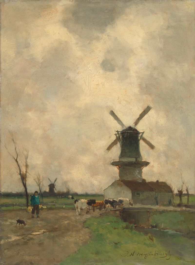 Landscape with a windmill under a stormy sky, oil painting by Johan Hendrik Weissenbruch