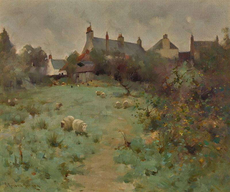Farmyard With Sheep Grazing de Robert Russell MacNee, pintura a óleo com ovelhas na grama