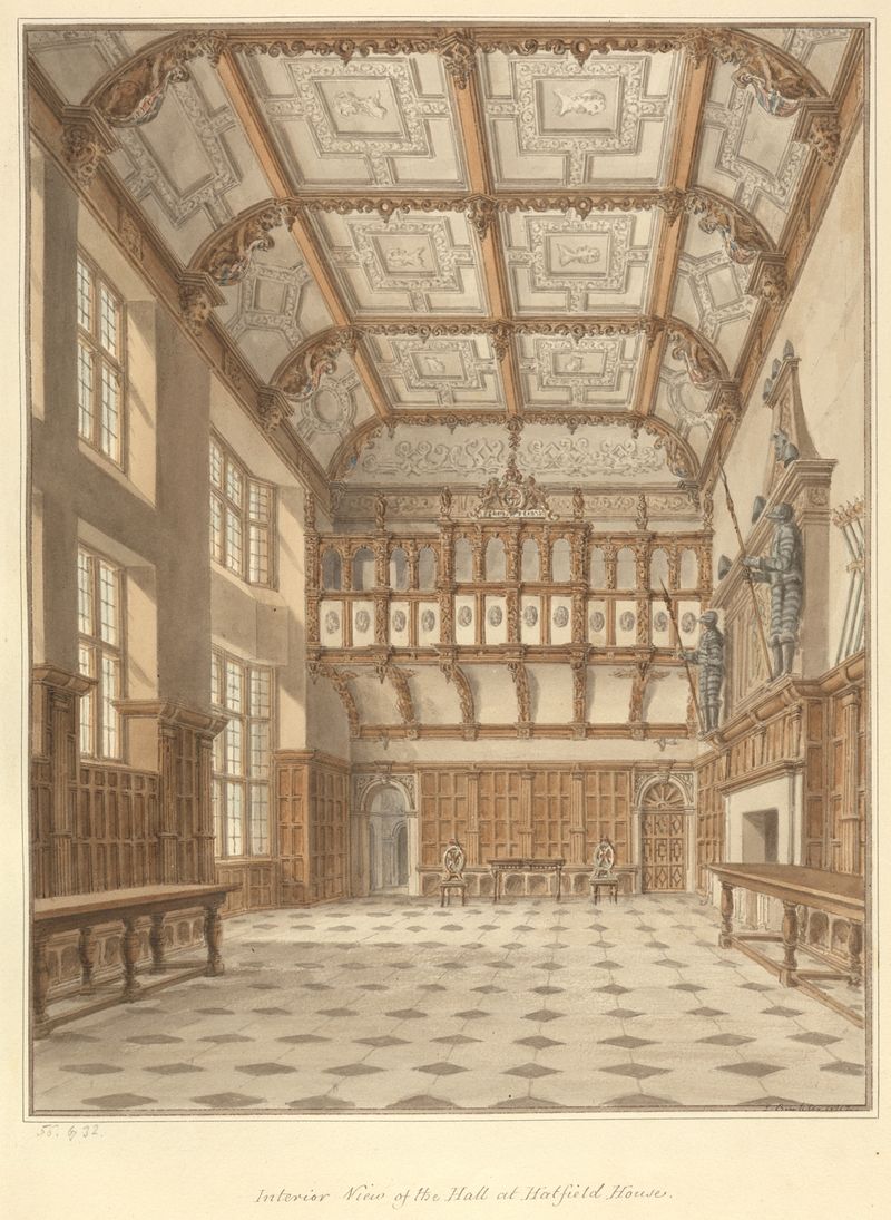 Vista interior de Hatfield House, mostrando o trabalho em madeira, de John Buckler
