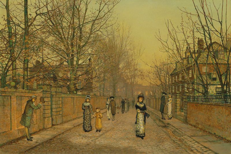 A Salutation de John Atkinson Grimshaw, óleo sobre lienzo, que representa el crepúsculo con luz de gas y figuras.