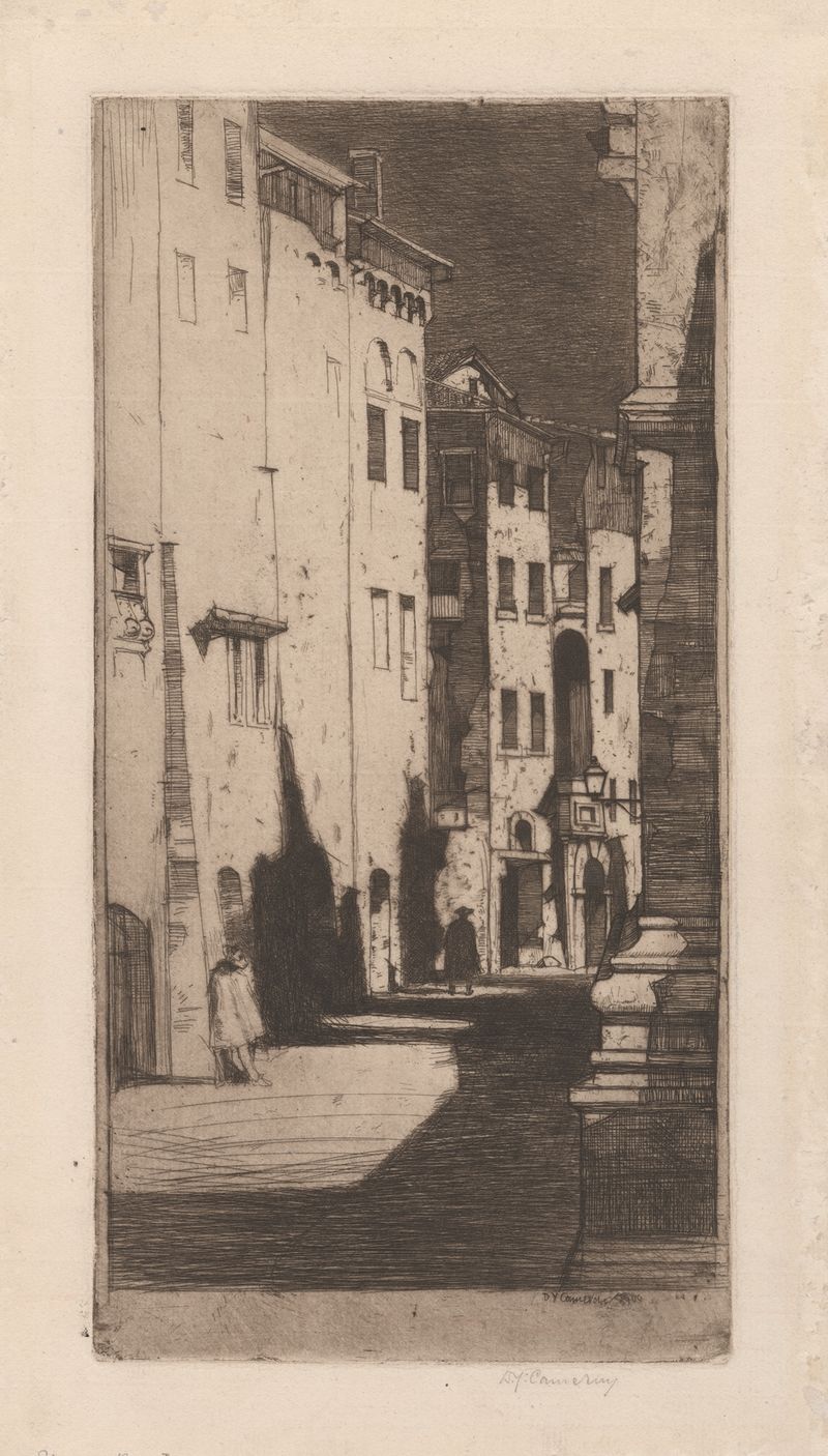 Siena de David Young Cameron, grabado que representa una ciudad antigua con luz dorada.