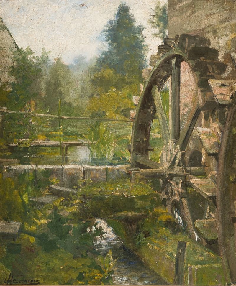 Moinho de água romântico de Lieven Herremans, óleo sobre tela representando uma paisagem tranquila