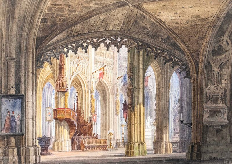 Interior de una catedral gótica, acuarela sobre papel de Domenico Quaglio the Younger