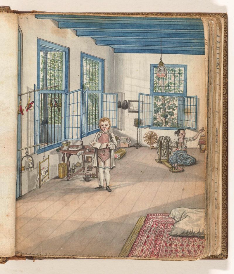 Interior scene with a child and a woman at a spinning wheel by Jan Brandes, oil painting