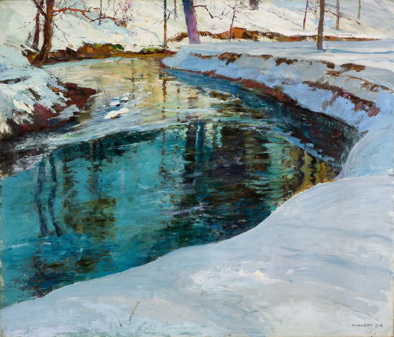 Close of a Winter Day, óleo sobre tela de Thomas P. Barnett, retratando uma paisagem de inverno ao pôr do sol.