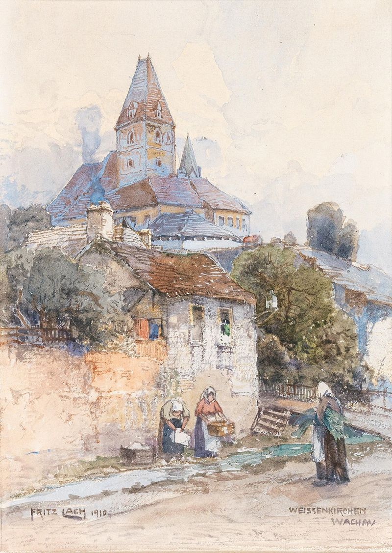 Genre scene depicting laundresses in the Wachau valley, oil painting by Fritz Lach