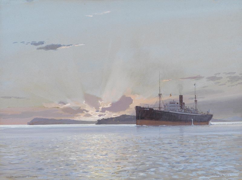 Escena marina con un barco y vapor de Johann Seits, 1923, expresionismo