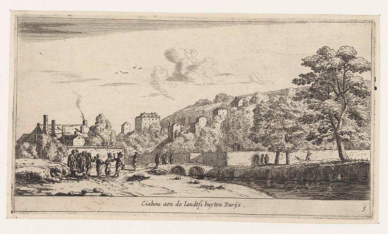 Gezicht op Chaillot gravura de Reinier Nooms mostrando o Sena e a arquitetura de Chaillot
