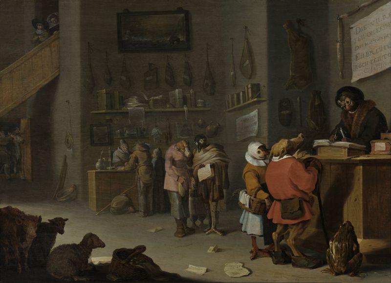 Escena de género con figuras en diálogo, óleo sobre panel de Cornelis Saftleven