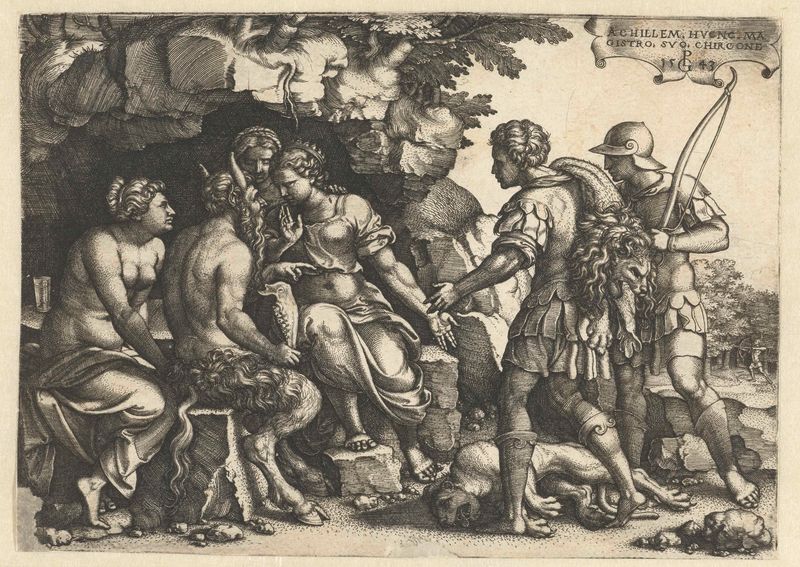 Grabado de Georg Pencz que representa a Thetis y Quirón en conversación.