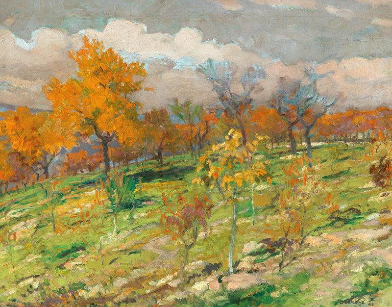A Summer Landscape de André de Székély, impresionismo, representando un vibrante prado con luz solar.