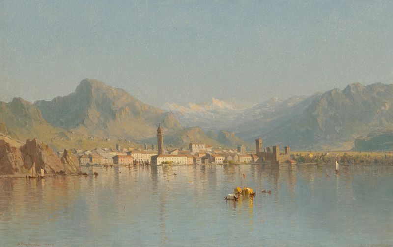 Riva, Lago di Garda de Sanford Robinson Gifford, óleo sobre lienzo, que representa un lago sereno y montañas