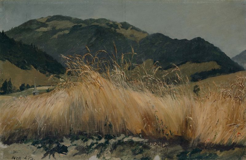 Campo de centeno en el Jura de Frank Buchser, óleo sobre lienzo que muestra colinas de centeno doradas bajo el sol de verano.