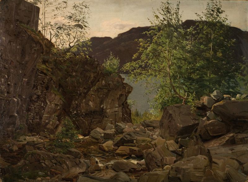 Pintura de paisagem a óleo de Amaldus Nielsen com um rio, montanhas e água refletiva