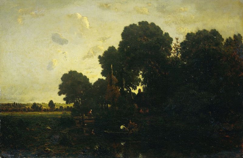 Paisagem ao crepúsculo com árvores e um céu noturno, óleo de Théodore Rousseau