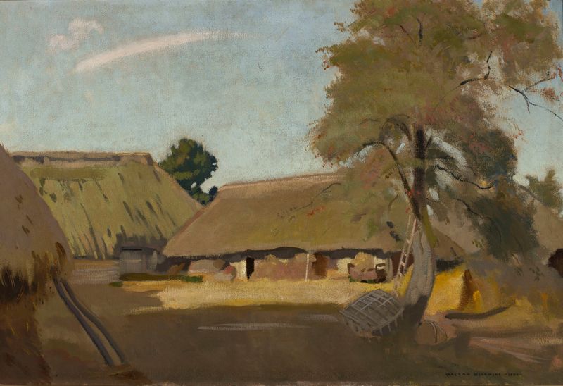 Village homestead by Wacław Bielawski, oil on canvas depicting a rural scene with greenery.