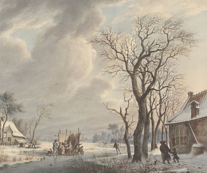 Paisagem de inverno com patinadores, óleo sobre tela de Arend van Glashorst jr.