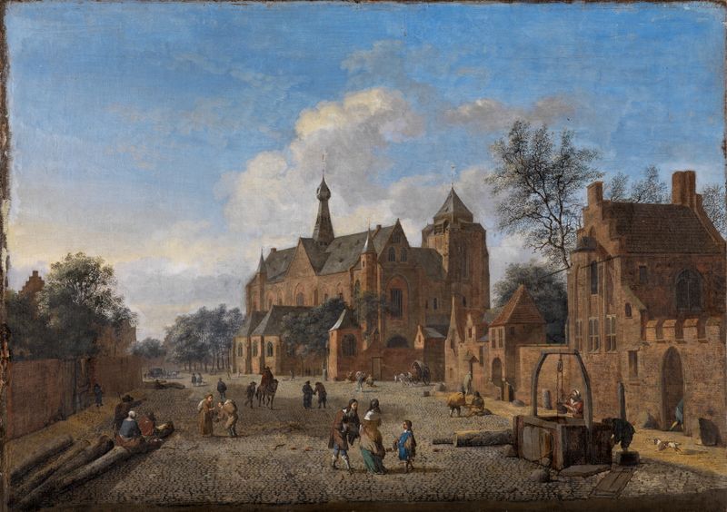 Village square scene with cobblestone path, oil on canvas by Jan van der Heyden