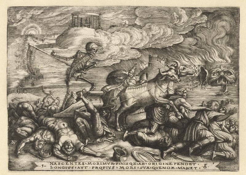 Grabado de Georg Pencz que muestra figuras esqueléticas que representan la mortalidad.