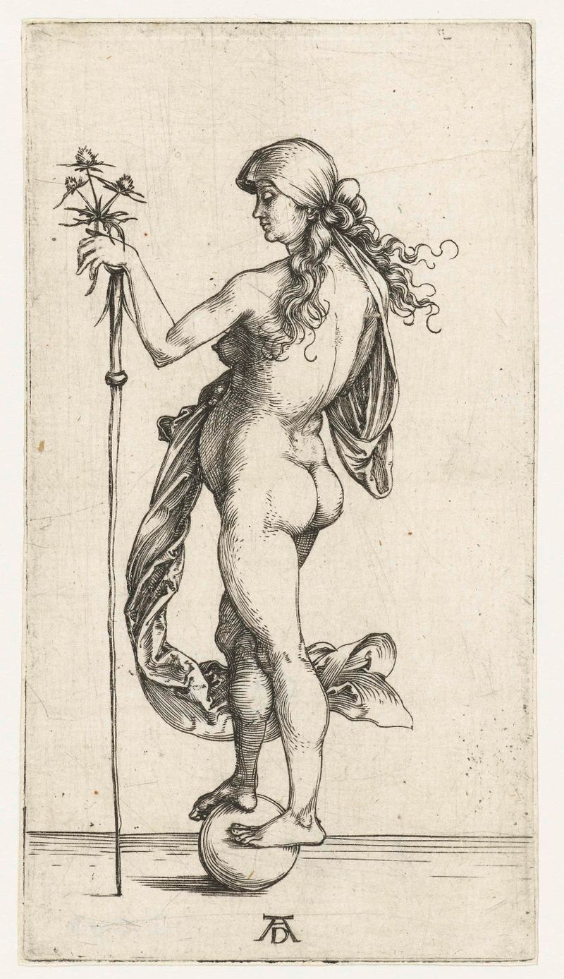 Engraving of Fortuna by Albrecht Dürer, depicting a woman representing fate.