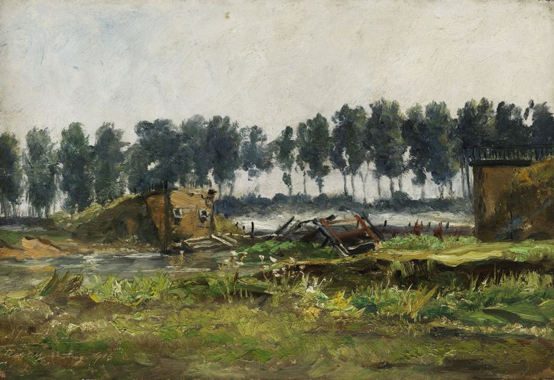 Eingestürzte Brücke by Richard Benno Adam, oil on canvas depicting a crumbling bridge and a muted sky.