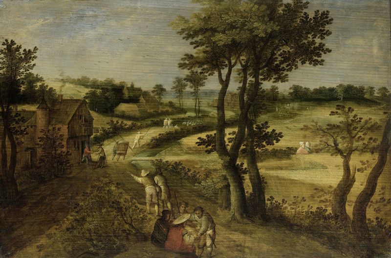 Paisagem com Campos de Milho, óleo sobre painel de Jacob Savery o Jovem