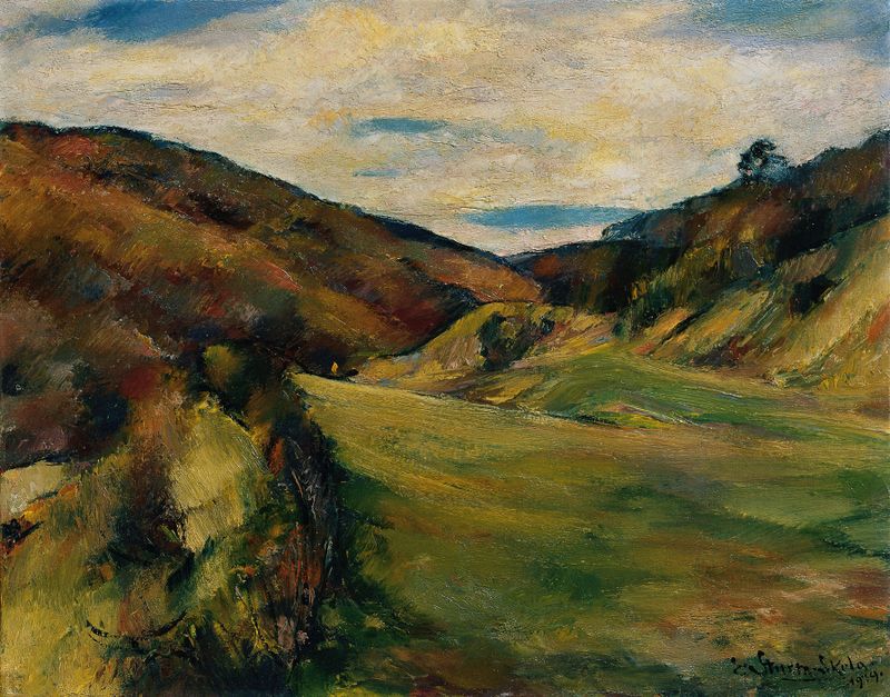 Landscape with gentle greens and earth tones by Egge Sturm-Skrla, oil painting