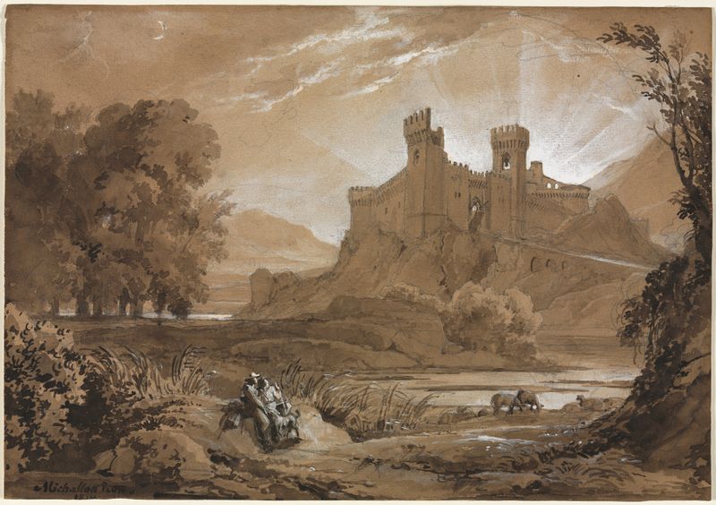 Paisagem com um castelo e pastores, óleo sobre tela de Achille Etna Michallon
