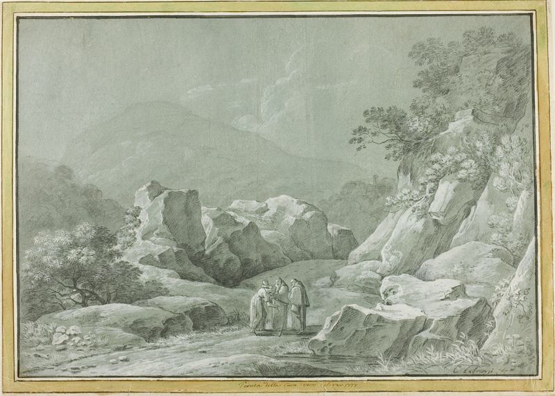Two monks offer water to a woman and child in a wilderness, oil painting by Carlo Labruzzi.