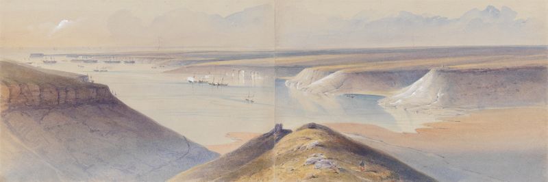 O Porto de Sebastopol de Gaspard Le Marchant Tupper, óleo sobre tela retratando uma paisagem marinha serena.