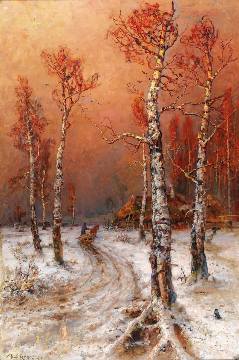 Winterstimmung Mit Saatkrähen by Julius Sergius Klever, realism, depicting a winter landscape with crows.