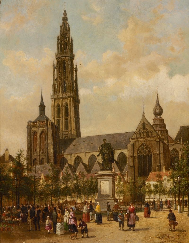 Escena de género que representa una plaza iluminada por el sol con personas, adoquines, de Jean Michel Ruyten.