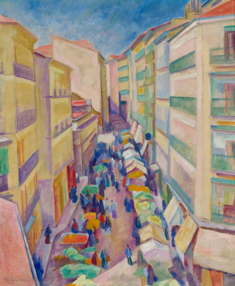 Escena de género que representa una calle en Madrid, óleo de Józef Pankiewicz
