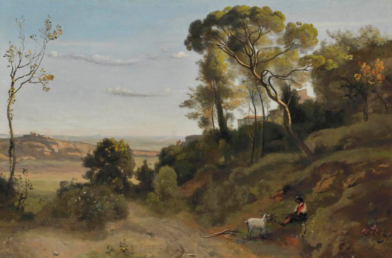Paisagem de colinas sob a luz do sol em pintura a óleo de Jean-Baptiste-Camille Corot