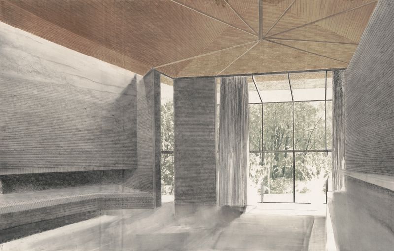 Escena interior de Aspen House de Victor Alfred Lundy, con luz y sombras.