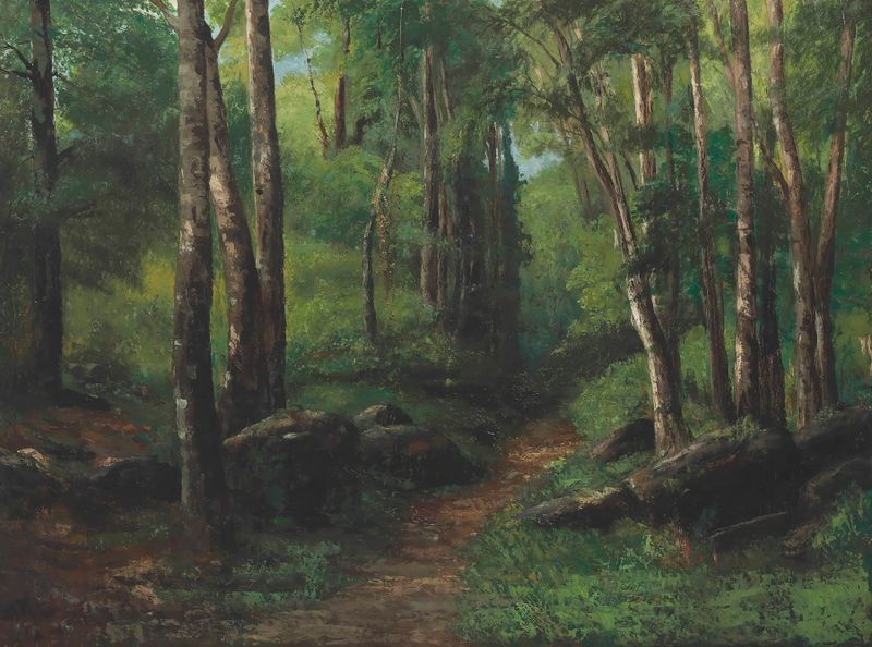 Path Through The Forest de Gustave Courbet, pintura al óleo que muestra un camino serpenteante en un denso bosque