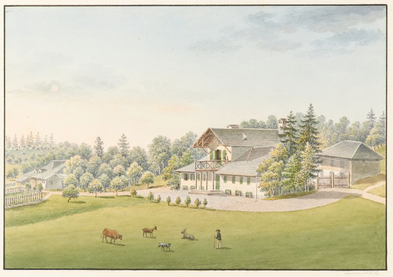 Vue du nouveau Châlet de Vernand, oil on canvas by Jakob Samuel Weibel, depicting a tranquil landscape with a chalet.