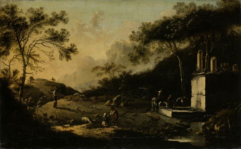 Grabado de Hans de Jode que representa un paisaje montañoso con viajeros en un pozo