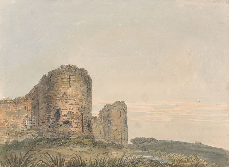 Watercolour by Thomas Girtin depicting Pevensey Castle ruins under a stormy sky