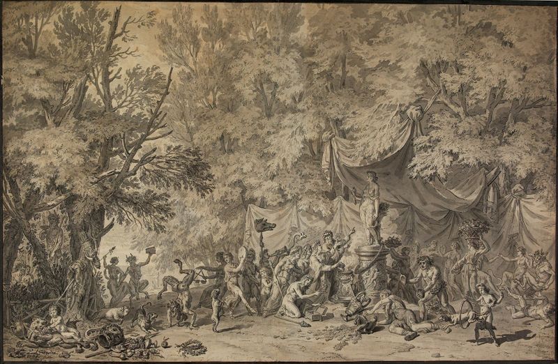 Bacchanal with a Statue of Ceres, oil on canvas by Paul Grégoire, featuring vibrant figures and lush colors.
