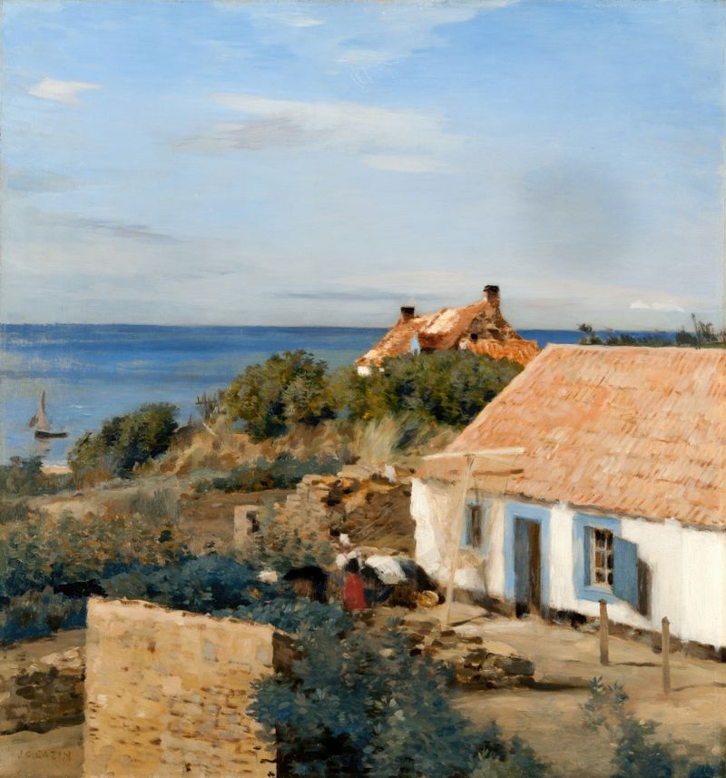 French Landscape by Jean Charles Cazin, oil painting depicting rolling hills and golden light.