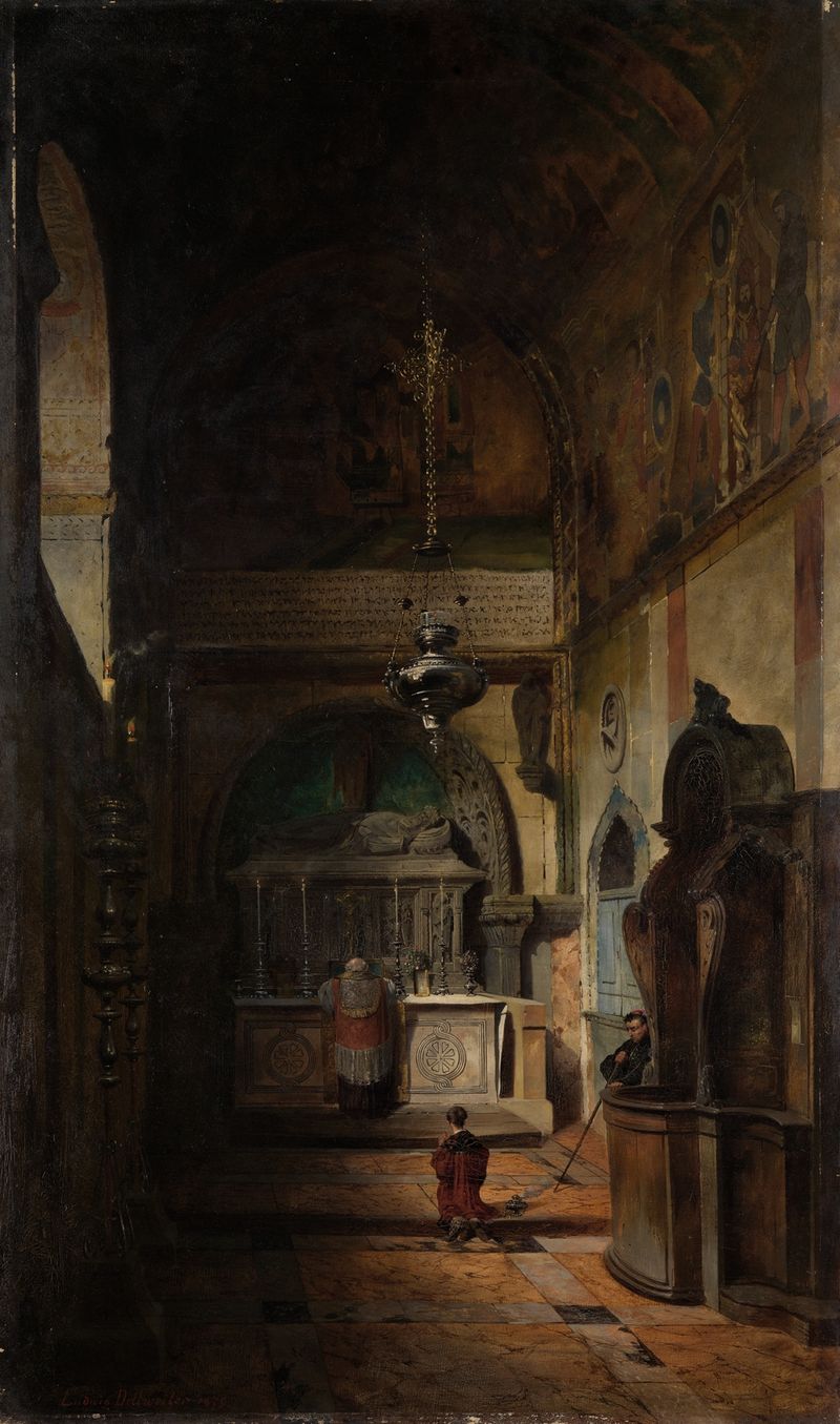 Interior de la capilla Sant Isidro en Venedig, óleo sobre lienzo de Ludwig Dittweiler